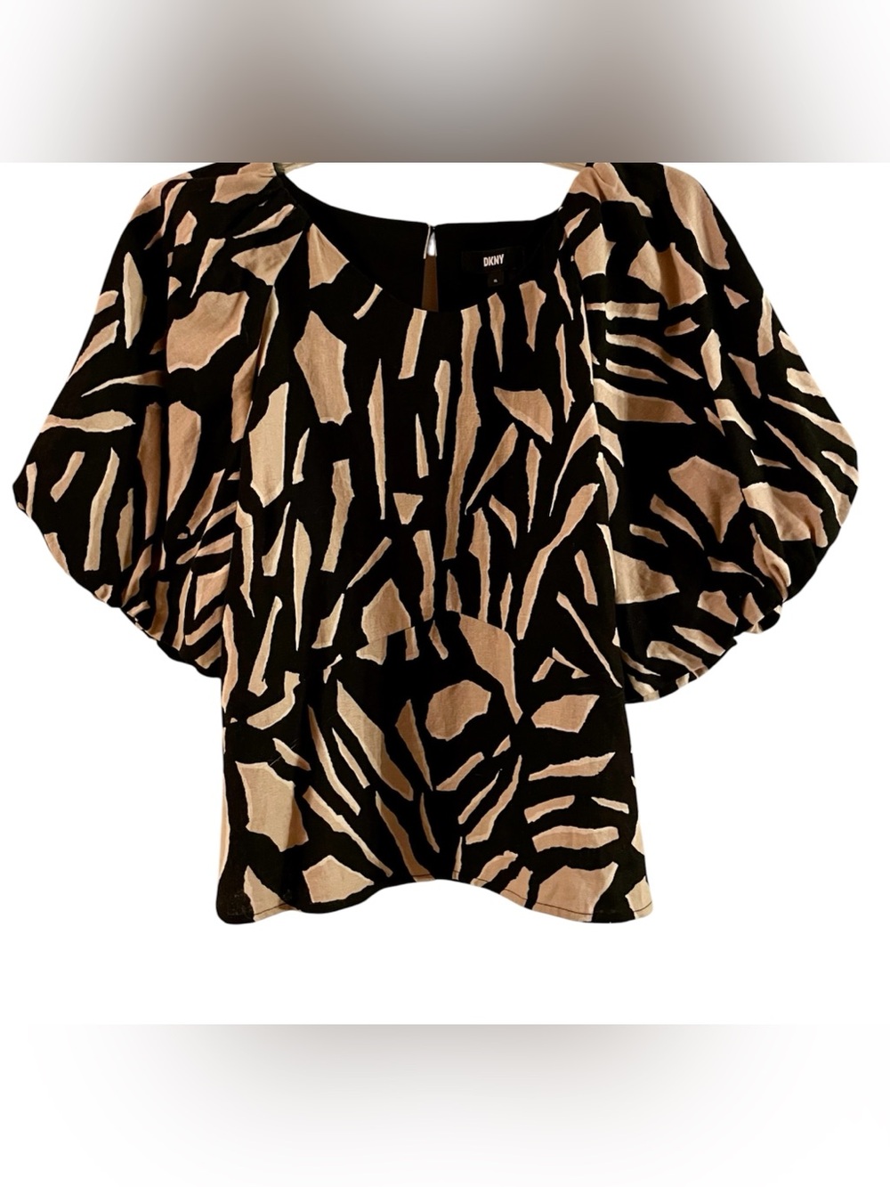 DKNY Black and Tan Abstract Puff-Sleeve Blouse XL